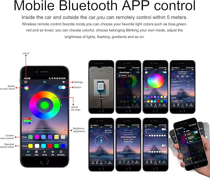64 Colors Car Ambient Lighting Fiber Optic APP Control Multicoloured Music Car Atmosphere Decorative Lighting Kit 1W DC 12V-24V 6m