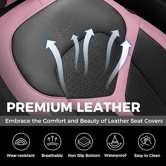 FLORICH Car Seat Covers Full Set, Universal Seat Cover 5 Seats, Automotive Seat Covers with Mesh Leather, Waterproof Car Seat Protector, Breathable Car Seat Cushion for Most Car SUV Truck, Pink