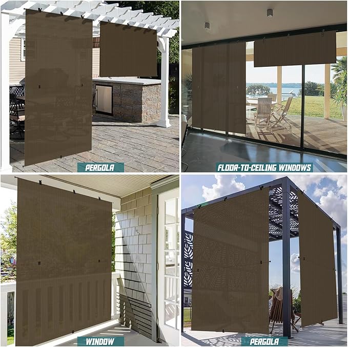 Bynbbur 6'W x 9.5'H Outdoor Patio Shades Foldable Roller Blinds, 220 GSM Sun Shade Roll Up Porch Screens Exterior Shade Cloth for Deck Pergola Backyard, Brown