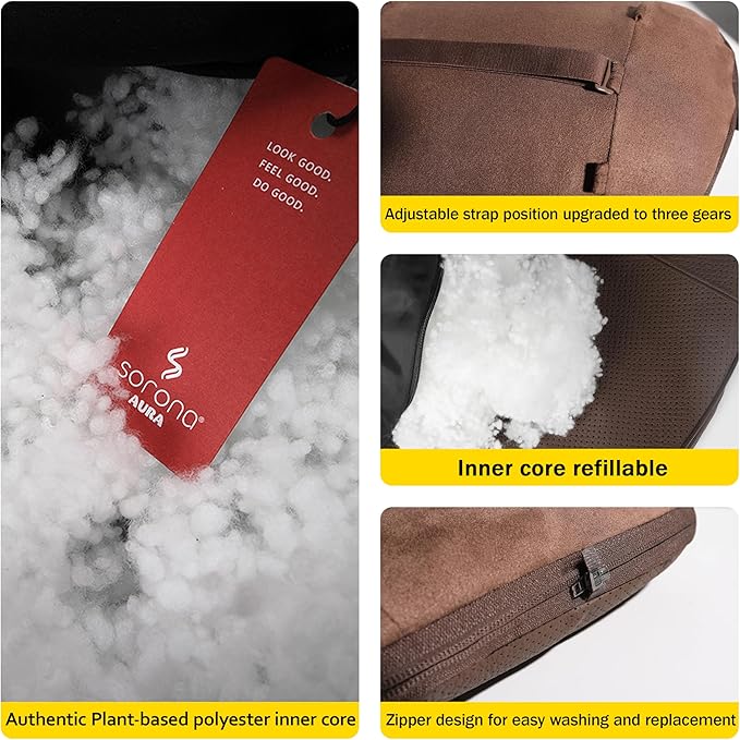 Genuine Leather Car Neck Pillow for headrest,Support Drive Seats Head Cushion,Real Cow Leather,Plant-Based Polyester,Thickness & Height Adjustable,Inner Liner fillable(Orange Brown,1p)