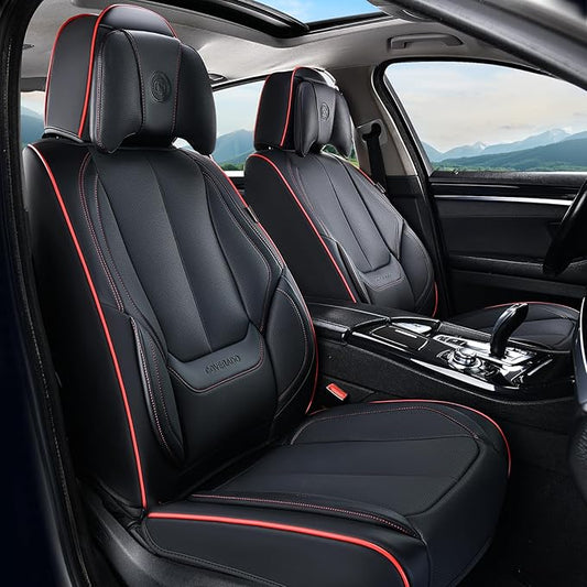Coverado Universal Seat Covers Full Set, Universal Seat Covers for Cars, Waterproof Nappa Leather Car Seat Covers with Head Pillow, 5 Seats Auto Protectors Fit for Most Pick-up Truck, Black&Redline