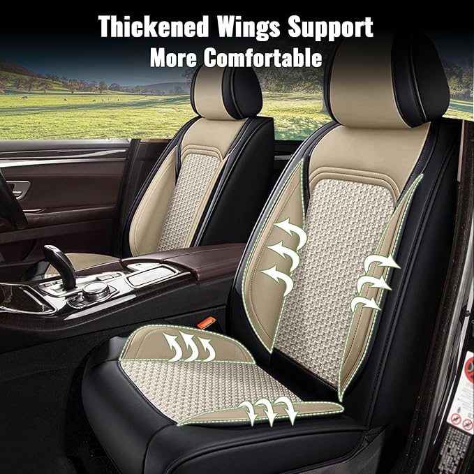 Car Seat Covers Front Seats for Subaru Legacy 1995-2024 2025 2026, Breathable Cooling Ice Silk Leather Car Seat Covers, 2 Seats for Subaru Legacy Accessories (Black&Beige)