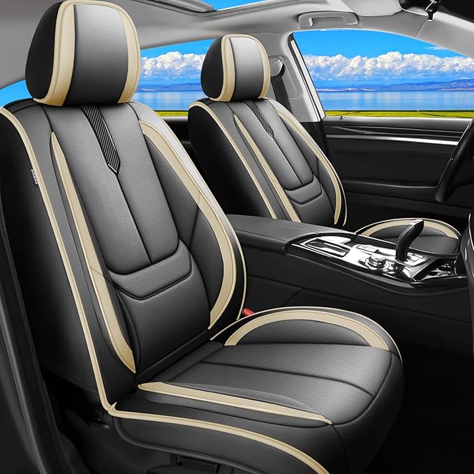 Fit Santa Cruz Car Seat Covers for Hyundai Santa Cruz 2022-2025 2026-Upgraded Premium Waterproof & Breathable Leather,Airbag Compatible,All-Weather Seat Cushion Protector,Full Set,Black-Beige