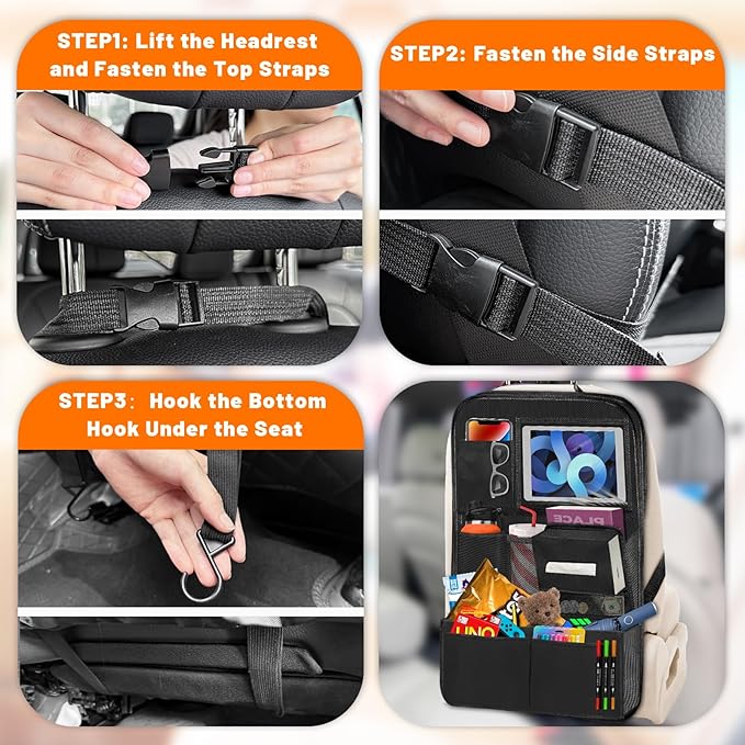 Backseat Car Organizer with Table Tray,12 Pockets Storage Organizer with Tablet Holder,Car Seat Organizer with Car Tissue Holder,Kick Mats Protector For Kids,Travel Accessories(2-Pack)