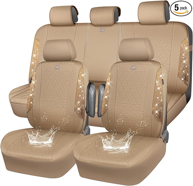 CAR PASS Beige Oxford Bling Diamond Car Seat Covers Full Set Interior Sets, Waterproof Shining Glitter Sparkly Crystal Universal Armrest Fit 95% Automotive Truck SUV Cute Women Girl, Beige Rhinestone