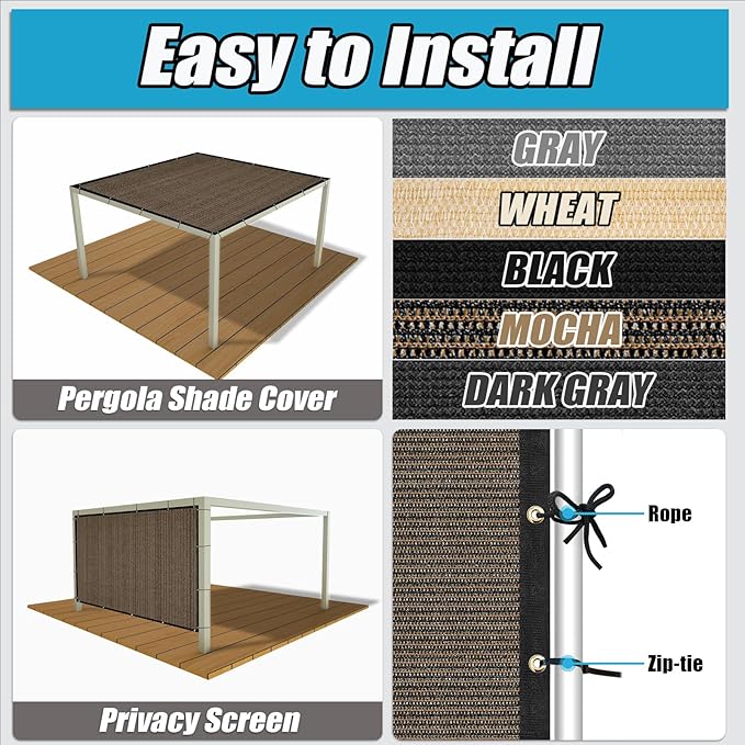 Amagenix 90% Shade Fabric 16'X 19' Mocha Sun Shade Cloth with Grommets for Pergola Replacement Shade Cover Canopy, Heavy Duty, Cable Zip Ties Included (We Customized)