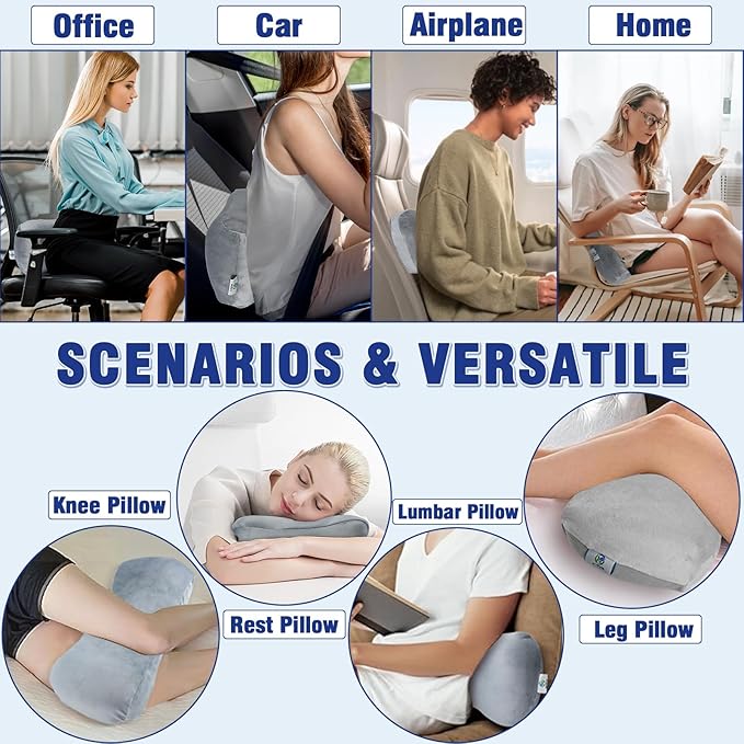Back Lumbar Support Cushion for Office Chair - Soft Memory Foam Back Pillow for Back Pain - Bolster Cushion for Long Sitting, Driving, Travel, Bed - Versatile Pillow (Grey)