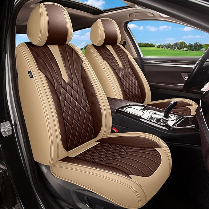 Breathable Car Seat Covers for Honda Civic 2003-2015 & 2020-2025 2026 Perforated Leather Full Set (Beige&Brown)