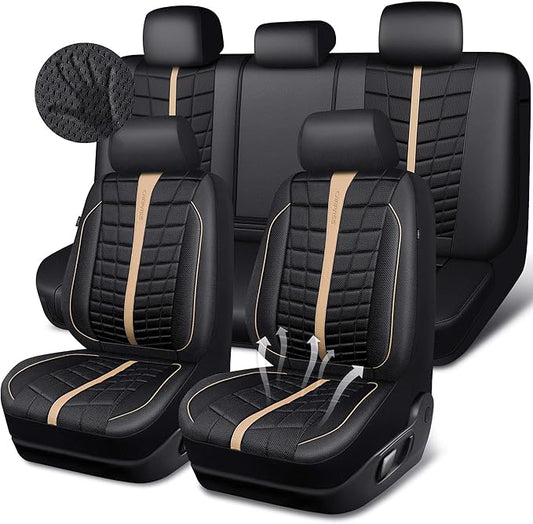 CAR PASS 3D Foam Mesh Leather Car Seat Covers Full Set, Breathable Premium Leather Seat Covers for Car,Anti Slip Universal Fit for Trucks Cars Sedans Vans SUVs, Airbag Compatible, Black Beige
