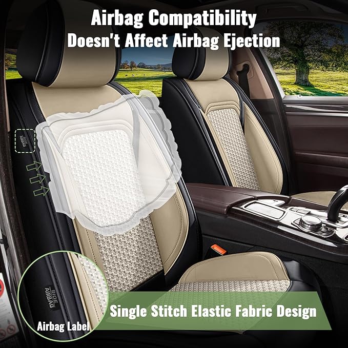 Front Car Seat Covers for Hyundai Santa Fe SUV 2007-2024 2025 2026 - Breathable Cooling Ice Silk Leather Seat Cover - Vehicle Seat Cushion for Hyundai Santa Fe Accessories - Black&Beige