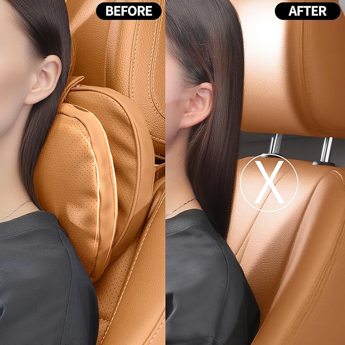Car Headrest Pillow for Driving, Dual-Sided Leather Design Neck Pillow, Breathable Softness Neck Support, Universal Fit Head Rest Travel Pillow, Palomino Brown, 1 Pack