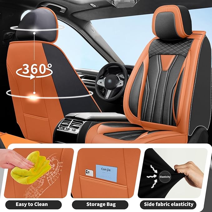 Fit Accord Car Seat Covers Premium Leather for Honda Accord 2012-2025 2026. Waterproof， Breathable, Scratch-Resistant & All-Weather Seat Cushion Protector（Front Seat,Orange&Black