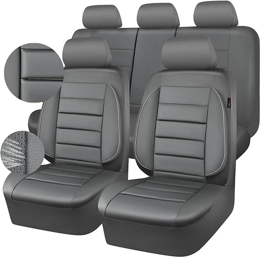 CAR PASS Leather Seat Covers Full Set Universal Water Resistant 3D Foam Back Support, Luxury Comfort Automotive 5 Seat Covers All Season Fit for SUV,Sedan,Van, Airbag Compatible Elegance (Gray)