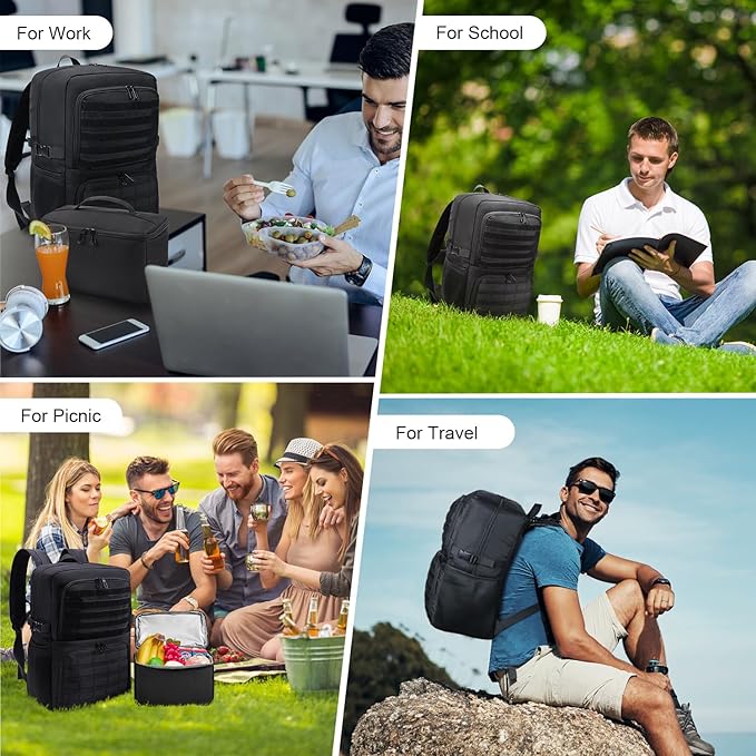 BERTASCHE Lunch Backpack, Laptop Backpack 15.6 inch Work Backpack w/Insulated Cooler Lunch box for Men Women, Tactical Casual Daypack for Commuter Picnic College,Black
