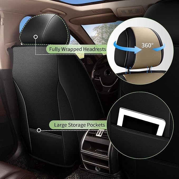 Car Seat Covers Front Seats for Subaru Legacy 1995-2024 2025 2026, Breathable Cooling Ice Silk Leather Car Seat Covers, 2 Seats for Subaru Legacy Accessories (Black&Beige)