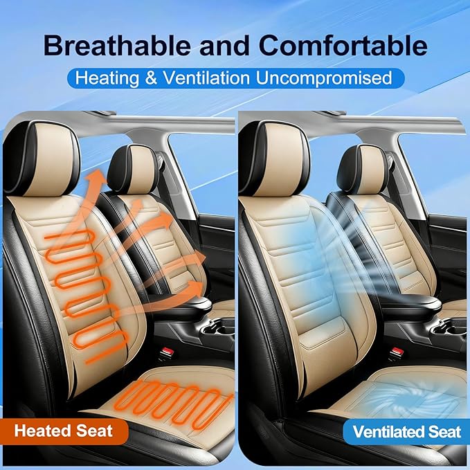 Car Seat Covers for Select Honda Fit 2007-2020, Premium Full Coverage Leather, Airbag Compatible& Scratch-Resistant, Waterproof & All Weather Breathable Seat Protector, Full Set, Black+Beige