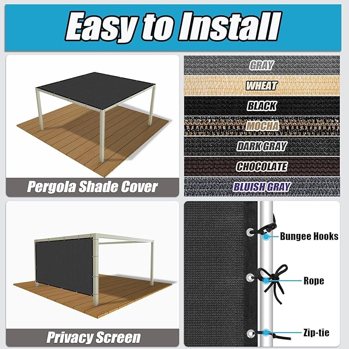 Amagenix 90% Sun Shade Cloth with Grommets, 8' x 8' Pergola Replacement Shade Cover Canopy Privacy Screen for Outdoor Patio Garden, Dark Gray (We Customized)
