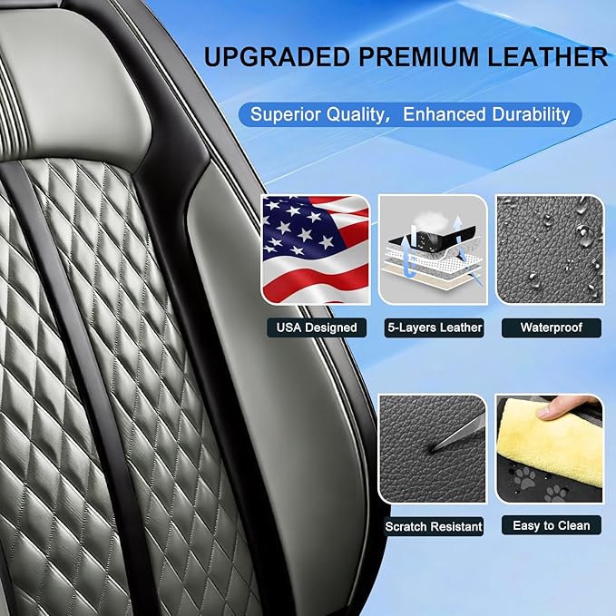 Fit CRV Car Seat Covers for Select Honda CR-V 2011-2026 - Premium Full Coverage Leather, Airbag Compatible, Waterproof & All Weather Seat Protector, Airbag Compatible, Front Pair Black+Gray