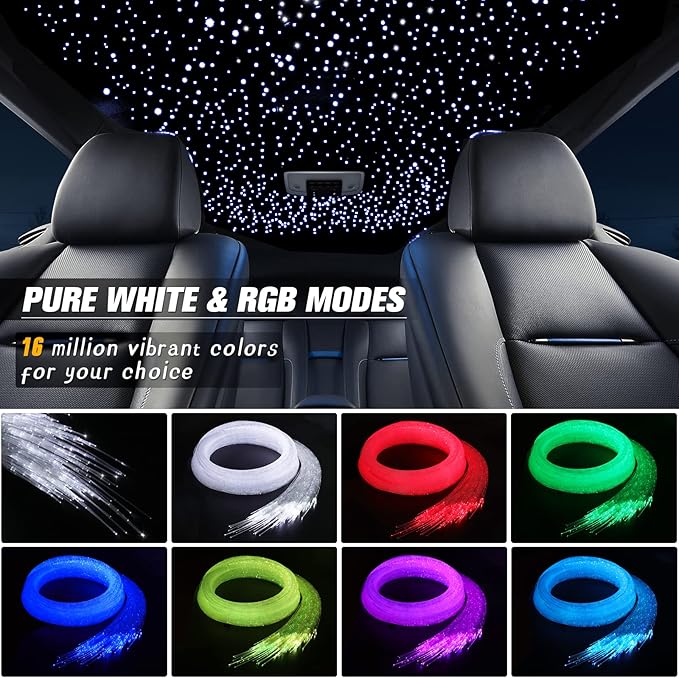 32W Twinkle Starlight Headliner Kit, 800pcs*0.03in*13.1ft LED Fiber Optic Lights Kit, Star Ceiling Light+10 Crystals+Adapter+Cigarette Lighter for Car Roof/Home with APP/Remote/Music Mode