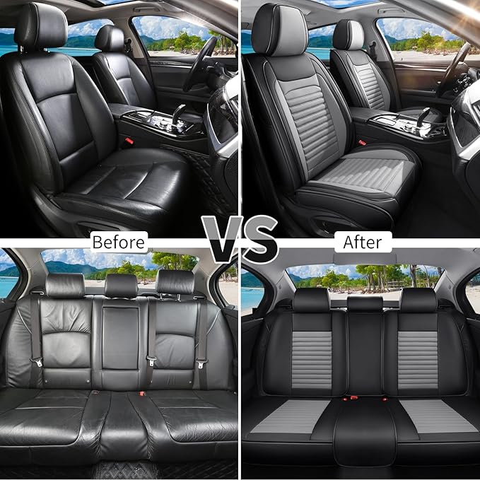 Car Seat Covers Full Set Fit for Toyota Avalon 2001-2022, Premium Faux Leather Car Seat Protector,Breathable Anti-Slip Full Wrapping Edge Seat Covers(Black&Gray,Full Set)
