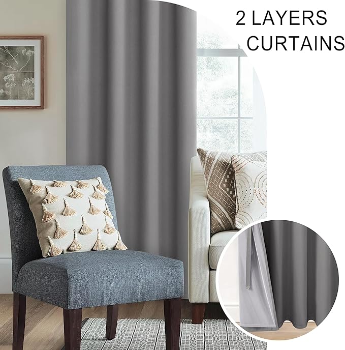 XWZO 100% Blackout Curtain Panels - Thermal Insulated Black Liner Curtains, Noise Reducing and Heat Blocking Drapes for Hall and Studio Windows with Tiebacks, Grey, W42 x L63, Set of 2