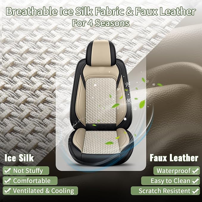 Car Seat Covers Front Seats for Subaru Legacy 1995-2024 2025 2026, Breathable Cooling Ice Silk Leather Car Seat Covers, 2 Seats for Subaru Legacy Accessories (Black&Beige)