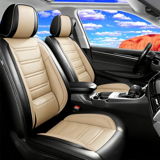 Fit RAV4 Car Seat Covers for Select Toyota RAV 4 2013-2026 /RAV4 Hybrid - Premium Full Coverage Leather, Waterproof & All Weather Seat Cushion Protector, Full Set, Black+Beige