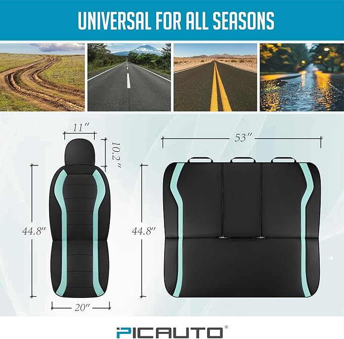 PIC AUTO Leather Car Seat Covers, Premium Automotive Waterproof Front & Rear Full Set Bucket Car Seat Protectors, Black and Mint PVC Patchwork, Fits for Cars, Trucks, Van, SUV, Airbag Compatible