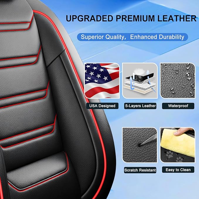 Fit CRV Car Seat Covers for Select Honda CR-V 2011-2026 - Premium Full Coverage Leather, Waterproof & All Weather Breathable Seat Cushion Protector, Full Set, Black with Red Trim