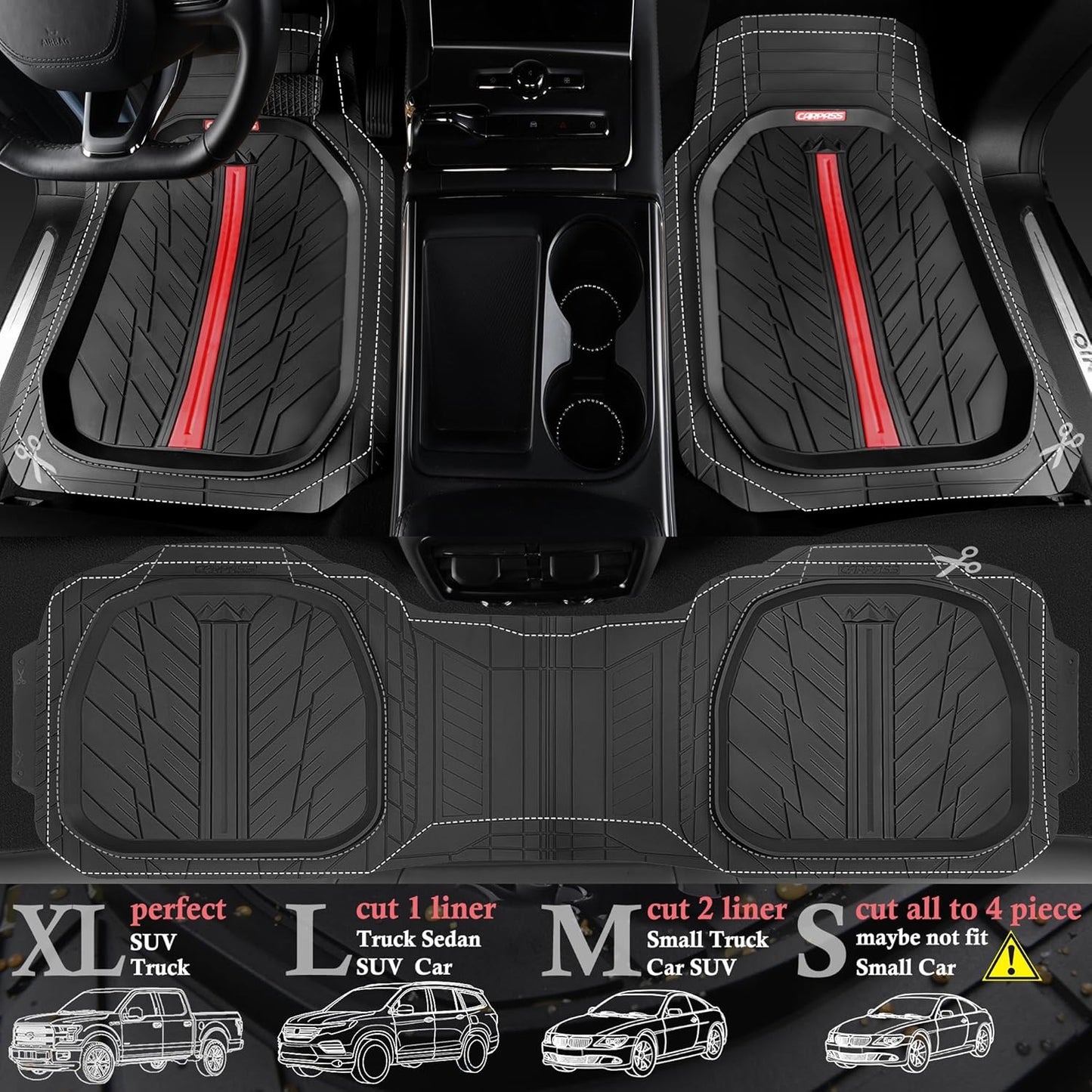 CAR PASS Tire Tread DeepDish Rubber Floor Mats for car Heavy Duty car mats All Weather, Universal XL~M Trim to Fit for Truck SUV Vehicle Automotive, Waterproof car mats 3 Piece (red Black)