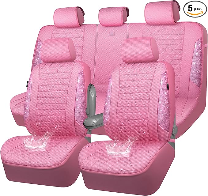 CAR PASS Pink Oxford Bling Diamond Car Seat Covers Full Set Interior Sets, Waterproof Shining Glitter Sparkly Crystal Universal Armrest Fit 95% Automotive Truck SUV Cute Women Girl, Pink Rhinestone