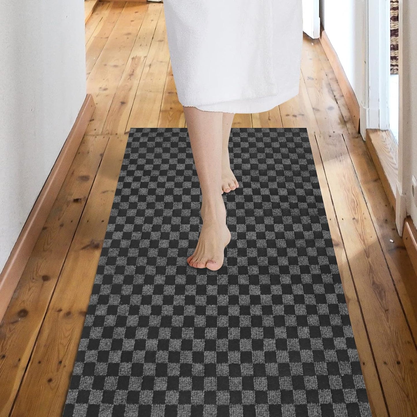 Custom Size Backed Non-Slip Area Rugs Runner, Easy Clean, Waterproof Runner Rugs for Hallway Entryway, Kitchen, Laundry, 4FT x 16FT, Gray Checkered