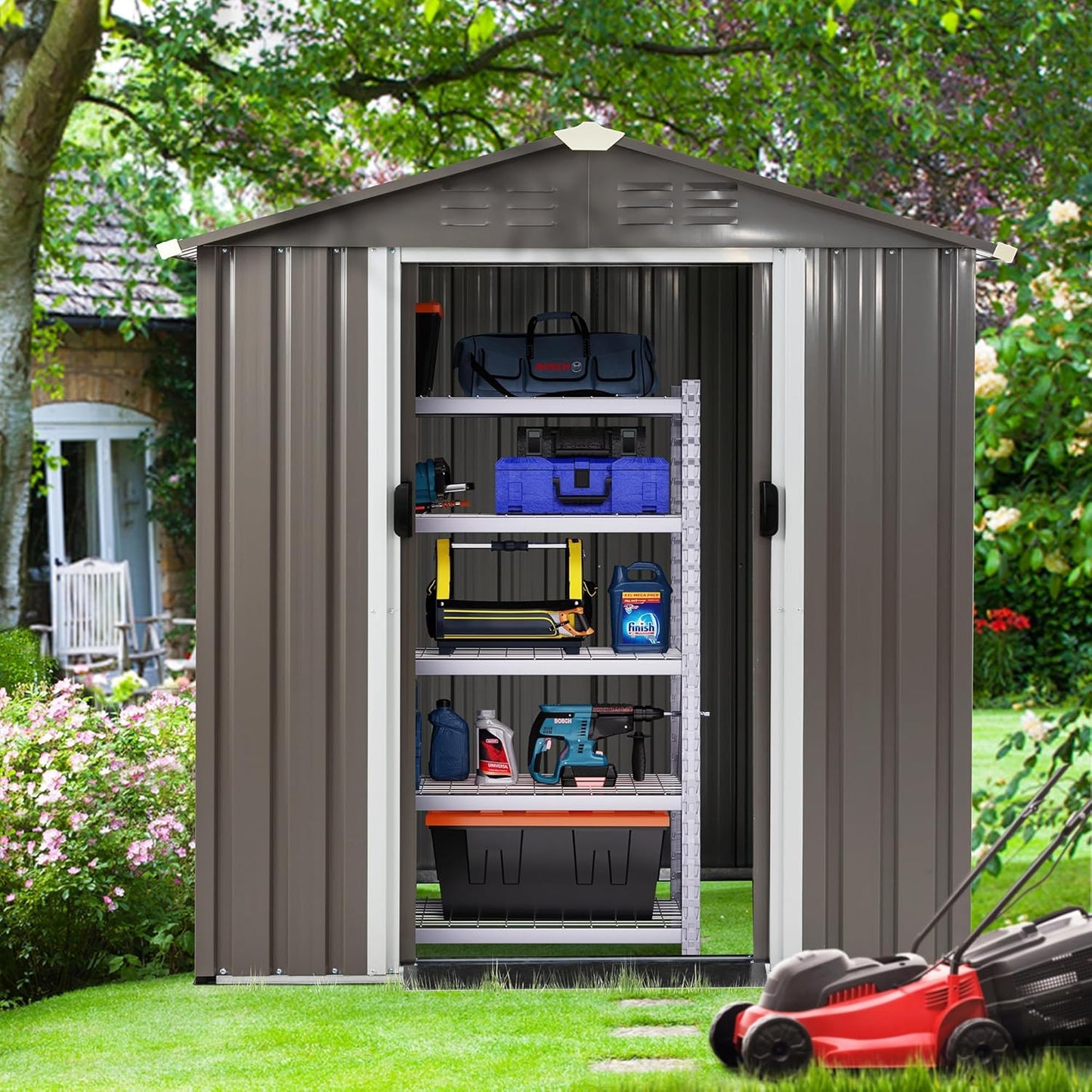 Shintenchi 6x4 FT Outdoor Storage Shed with Window, Lockable Outdoor Waterproof Tool Storage Sheds, Weather Resistant Tool Storage House Shed for Garden, Backyard, Patio Utility and Tool Storage, Gray