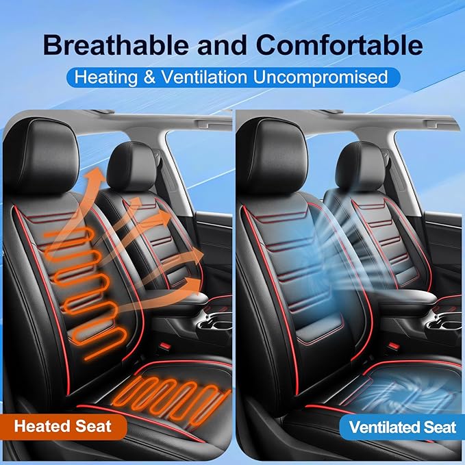 Fit RAV4 Car Seat Covers for Select Toyota RAV 4 2013-2026 /RAV4 Hybrid - Premium Full Coverage Leather, Waterproof & All Weather Seat Cushion Protector, Full Set, Black with Red Trim