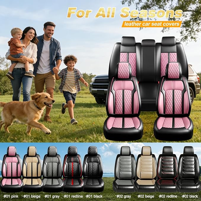 Fit Ridgeline Car Seat Covers for Select Honda Ridgeline 2007-2026 - Premium Full Coverage Leather, Airbag Compatible, Waterproof & All Weather Seat Cushion Protector, Full Set, Black+Pink