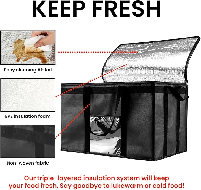 NZ home Insulated Bags for Food Delivery (3XL) Grocery Shopping Cooler Bag, Pizza Delivery, Hot & Cold Catering Tote, Reusable, Foldable & Heavy Duty (2 Pack, Black)