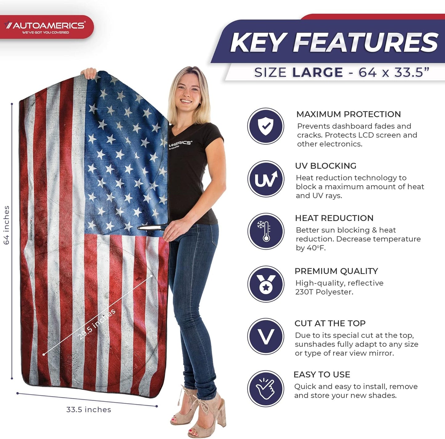 Autoamerics 1-Piece Windshield Sun Shade Grunge American Flag - 3 USA Design - Foldable Car Front Window Sunshade for Most Sedans SUV Truck - Blocks Max UV Rays and Keeps Your Vehicle Cool - Large