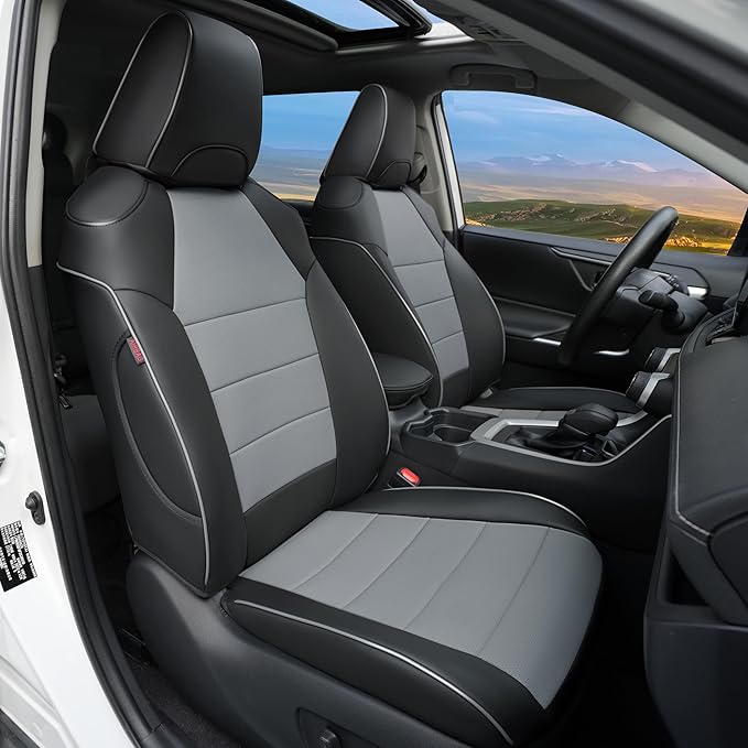 Lolcar Rav4 Seat Covers Custom Fit for Toyota RAV4 Adventure,TRD-Off Road 2019 2020 2021 2022 2023 2024, Leather Truck Seat Cover Full Set for SUV,Faux Leather(Black/Gray)