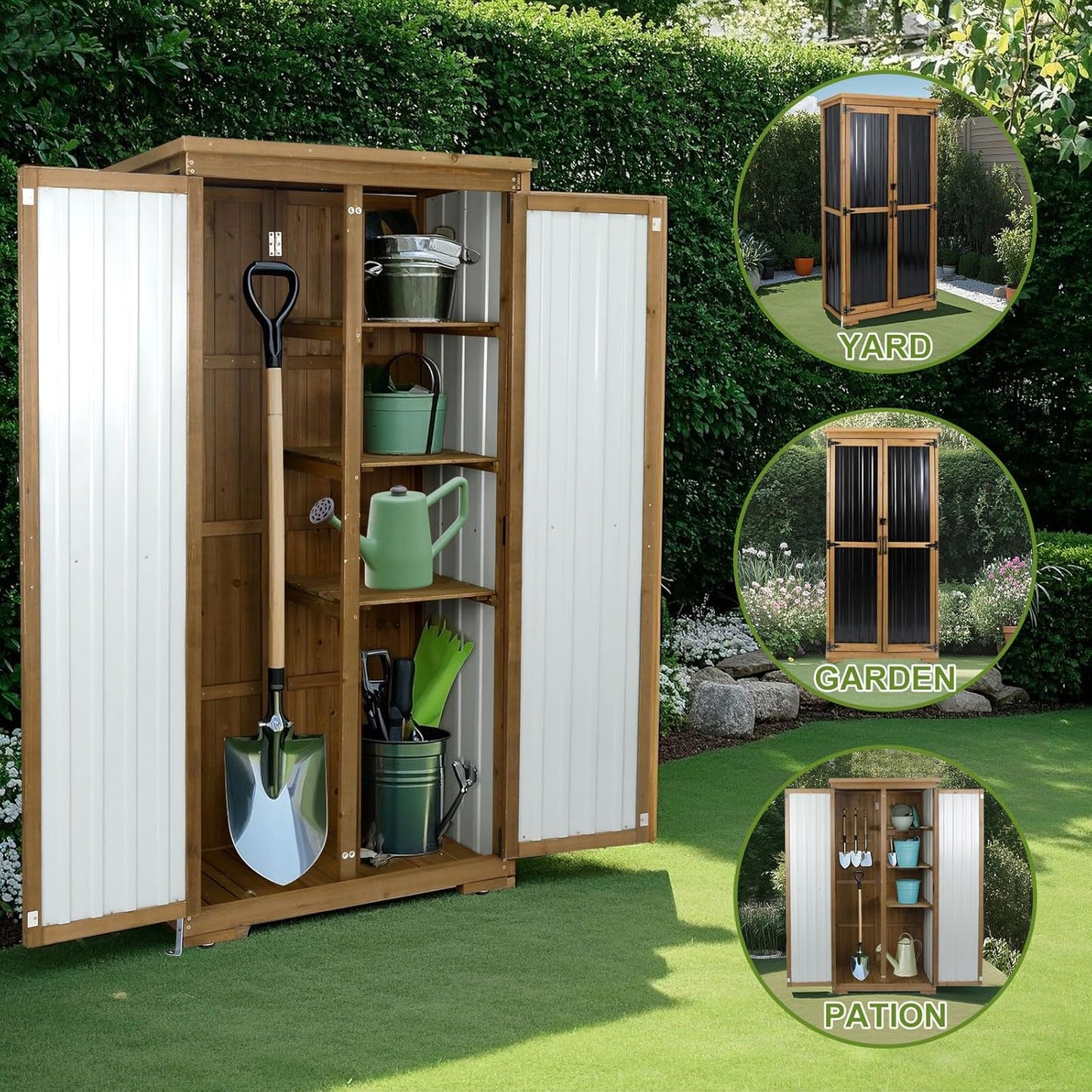 Outdoor Storage Cabinet,Wood & Metal Storage Shed with Lockable Doors & Adjustable Shelves,Vertical Outdoor Cabinets Weatherproof for Patio Backyard, Gardening Tools and Accessories,Brown