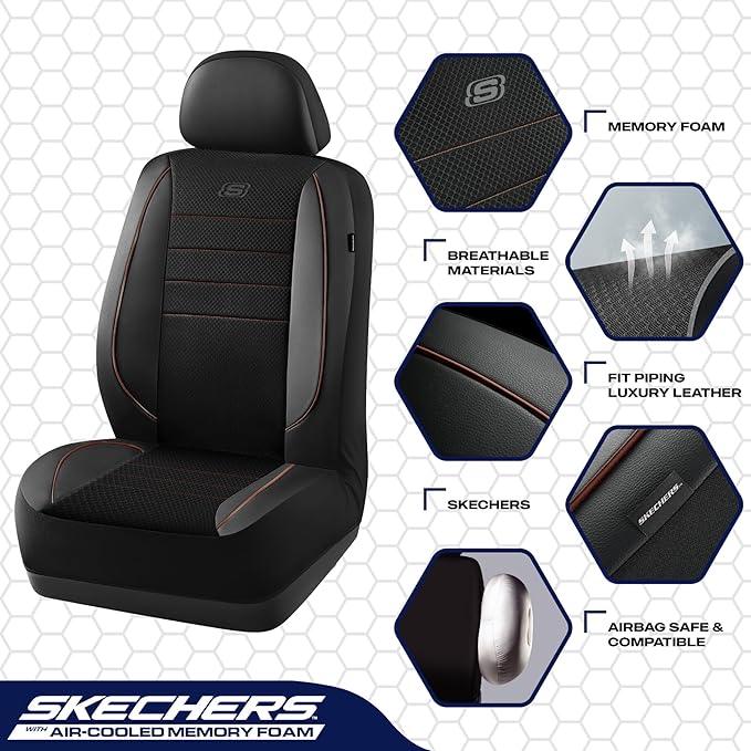 Skechers Air-Cooled Memory Foam Seat Covers,Mesh Thick Car Seat Covers,Piping Leather Car Seat Covers Front Seats,Airbag Compatible,Automotive Comfort Universal FitMost Cars,Vans,Truck,SUV,Brown