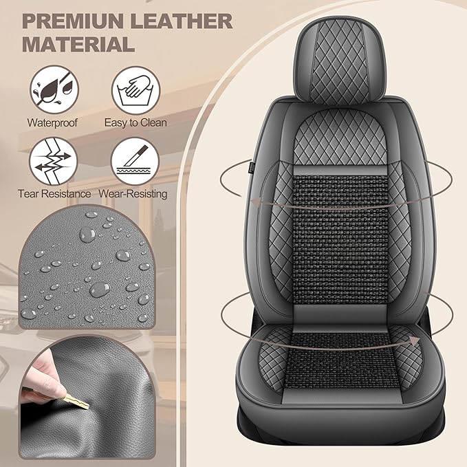 TTX LIGHTING for VW Jetta 2007-2025 Car Seat Covers, Breathable Ice Silk & Leather Seat Protector, Cool & Anti-Sweat for Long Driving, Airbag Compatible, 2 Front Seats (Black&Gray)
