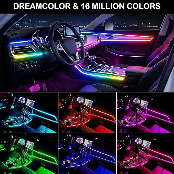 Ambient Lighting Car led Lights Interior,116in USB Dreamcolor 4 in 1 Acrylic Neon Flexible Strip Fiber Optic LED Ambient Lighting Kits with Remote APP, RGB Music Lights Sync for Inside car Decorations