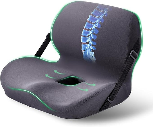 One-Piece Memory Foam Seat & Back Cushion - Lumbar Support, Adjustable Strap, Non-Slip Bottom - Breathable Removable Cover for Office Chair, Car, Truck (Grey)