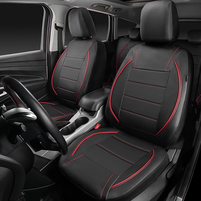 CAR PASS Universal FIT Piping Leather Two Front Seat Covers, Waterproof Faux Leather for SUV Sedan Van Truck, Airbag Compatible,Reserved Opening Holes for Headrest Covers. (Black red)