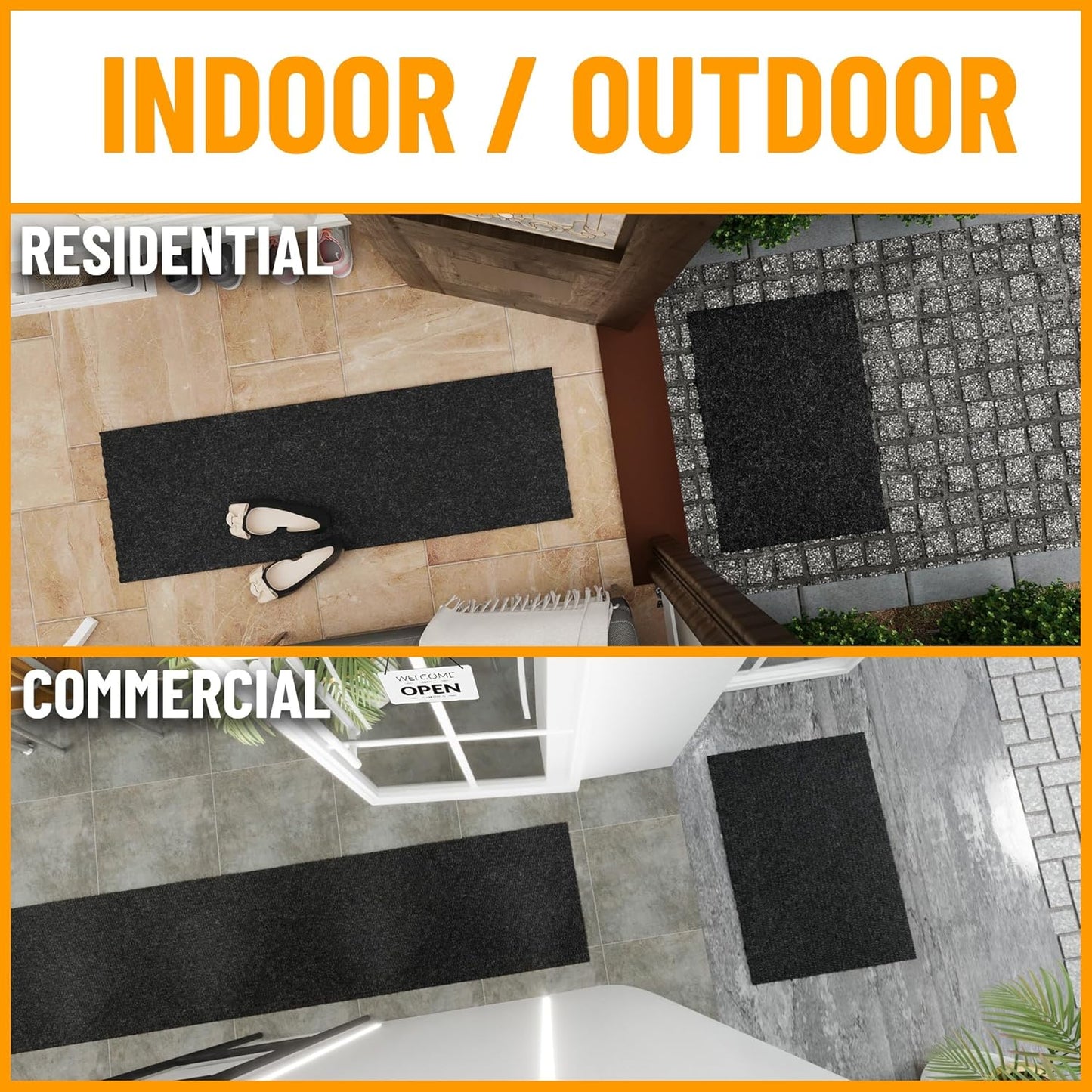 Ottomanson 2' x 50' Hallway Runner with Scraper Pile Extra Durable Non-Slip Rug Mat for Indoor & Outdoor Use - Ideal for Kitchen, Entryway, Patio & Garage - High-Traffic Carpet, Black