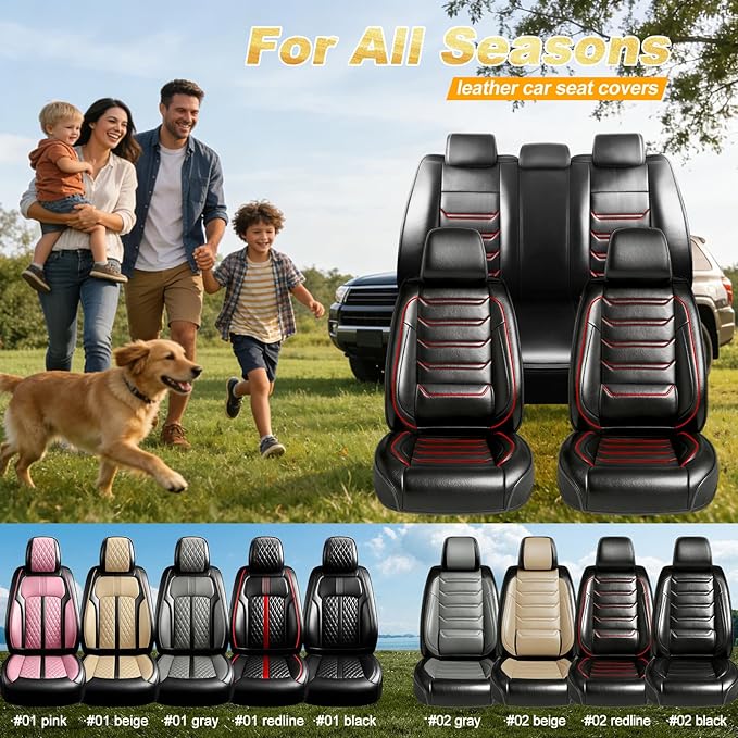 Fit CRV Car Seat Covers for Select Honda CR-V 2011-2026 - Premium Full Coverage Leather, Waterproof & All Weather Breathable Seat Cushion Protector, Full Set, Black with Red Trim