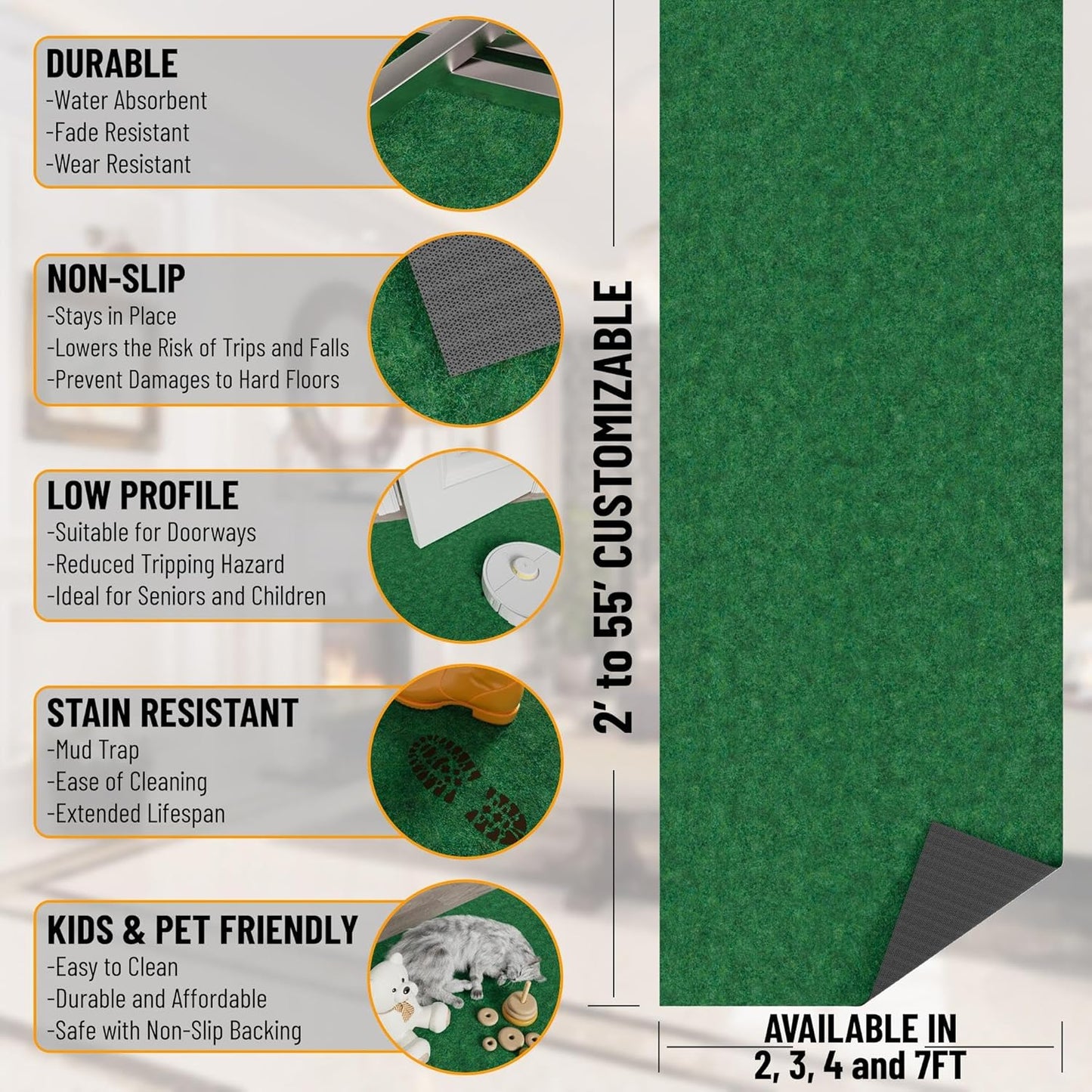 Ottomanson 2'7" x 40' Hallway Runner with Scraper Pile - Extra Durable Non-Slip Rug Mat for Indoor & Outdoor Use - Ideal for Kitchen, Entryway & Garage - High-Traffic Carpet, Green