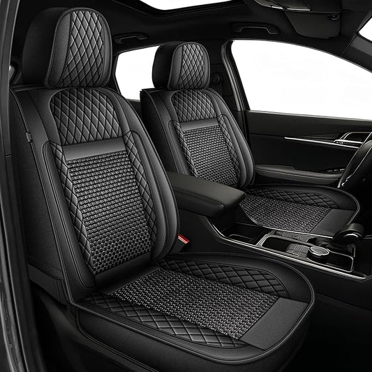 TTX LIGHTING for Ford Fusion 2010-2020 Car Seat Covers, Breathable Ice Silk & Leather Seat Protector, Cool & Anti-Sweat for Long Driving, Airbag Compatible, 5 Seats Full Set (Black)