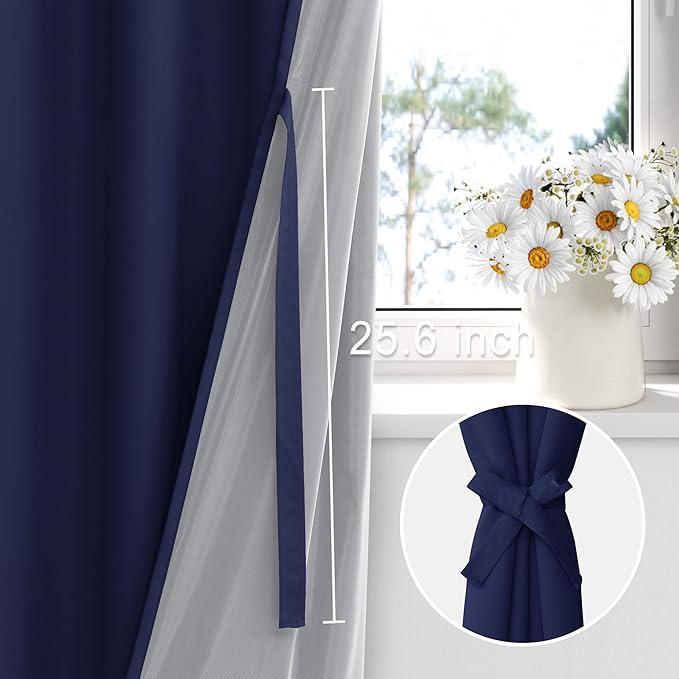 XWZO 100% Blackout Curtain Panels - Thermal Insulated Black Liner Curtains, Noise Reducing and Heat Blocking Drapes for Hall and Studio Windows with Tiebacks, Navy Blue, W52 x L54, Set of 2