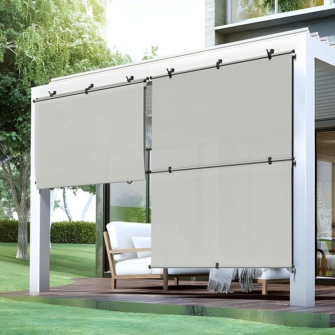 Bynbbur 8'W x 10.5'H Outdoor Patio Shades Foldable Roller Blinds, 220 GSM Sun Shade Roll Up Porch Screens Exterior Shade Cloth for Deck Pergola Backyard, Light Gray